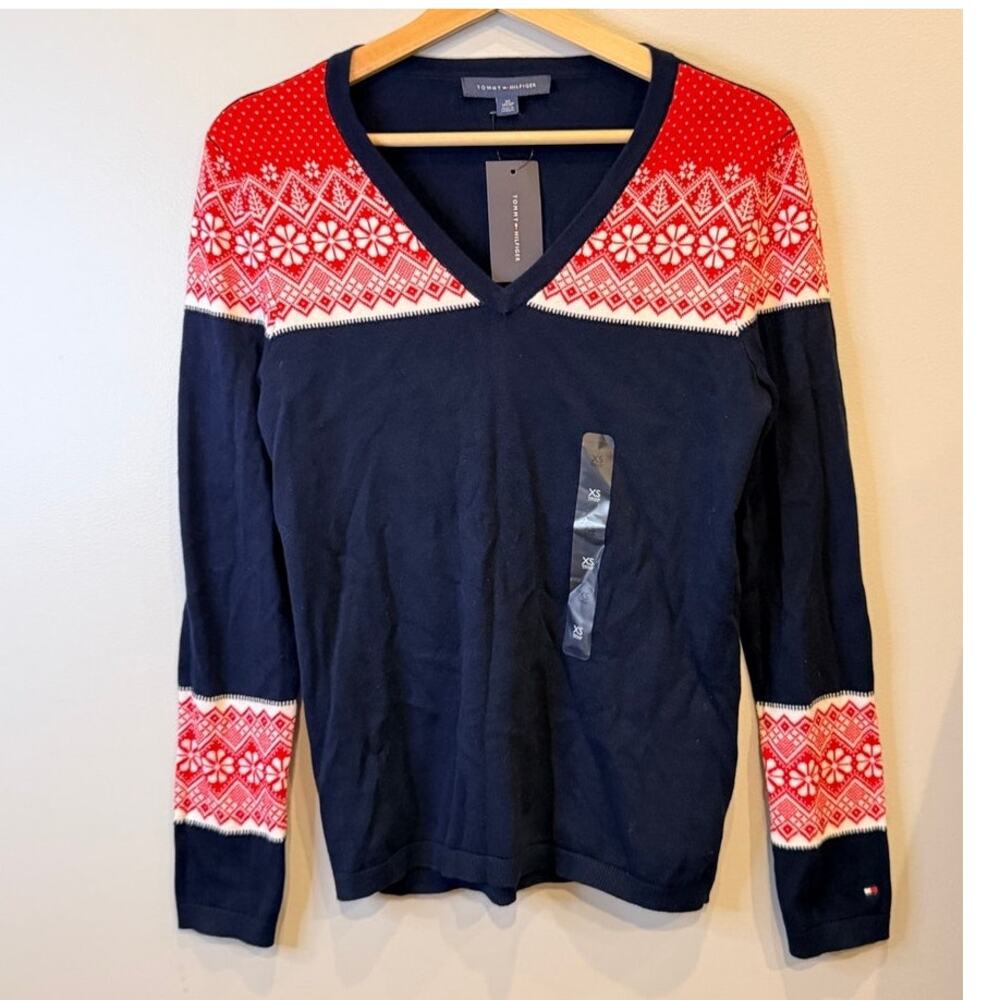 NWT Tommy Hilfiger Ivy Sweater XS Navy Red Fair Isle V-Neck Long Sleeve